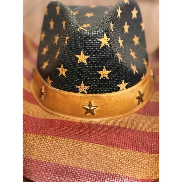 Vintage Tea Stained USA American Flag Shape It Brim Western Cowboy Hat Unisex - Picture 9 of 14